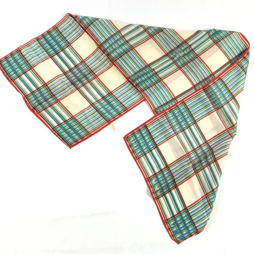 Vintage Japanese plaid oblong scarf - cream, red, green, blue
